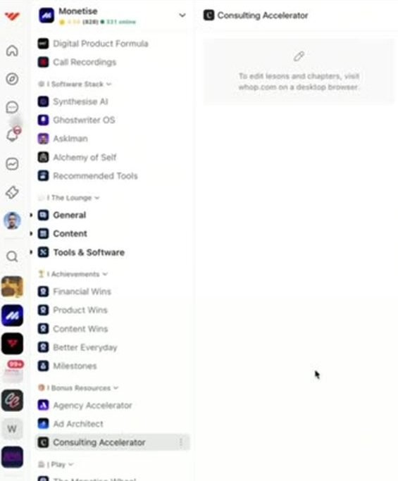 Whop sidebar showing Consulting Accelerator listed under Monetise bonus resources