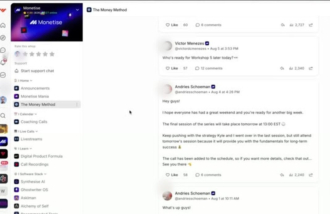 Monetise community feed on Whop showing member posts and comments