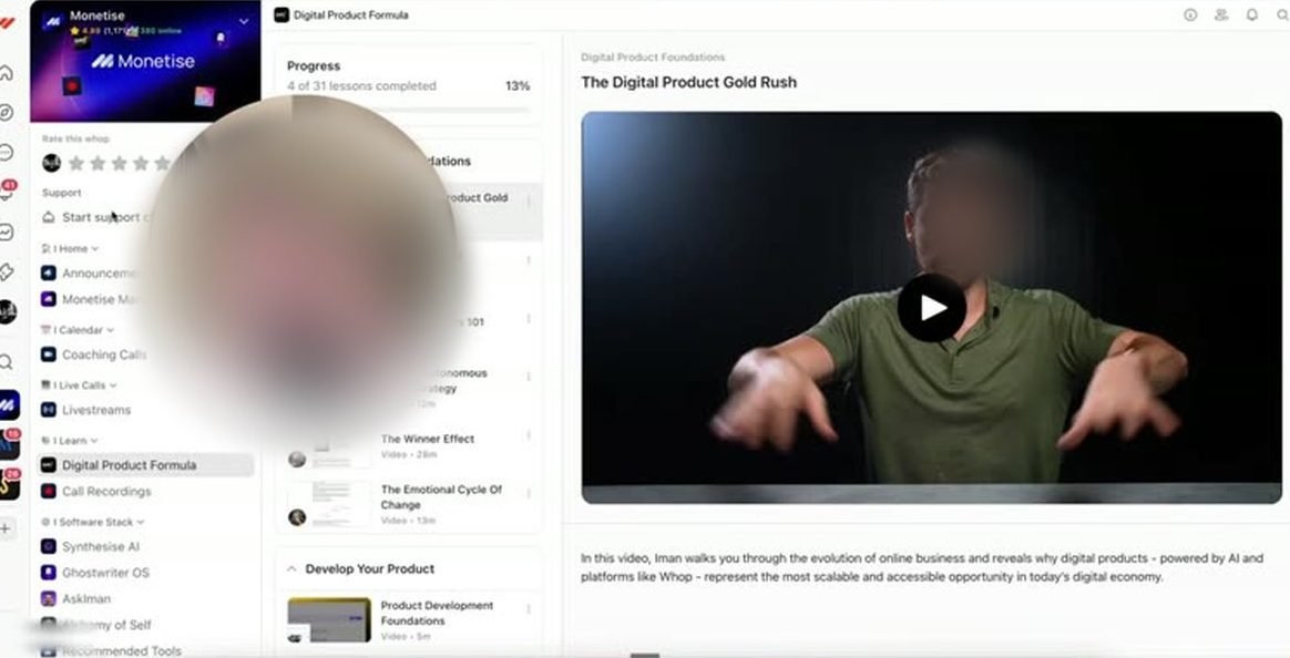 Whop member area showing the Digital Product Formula course with its lesson list