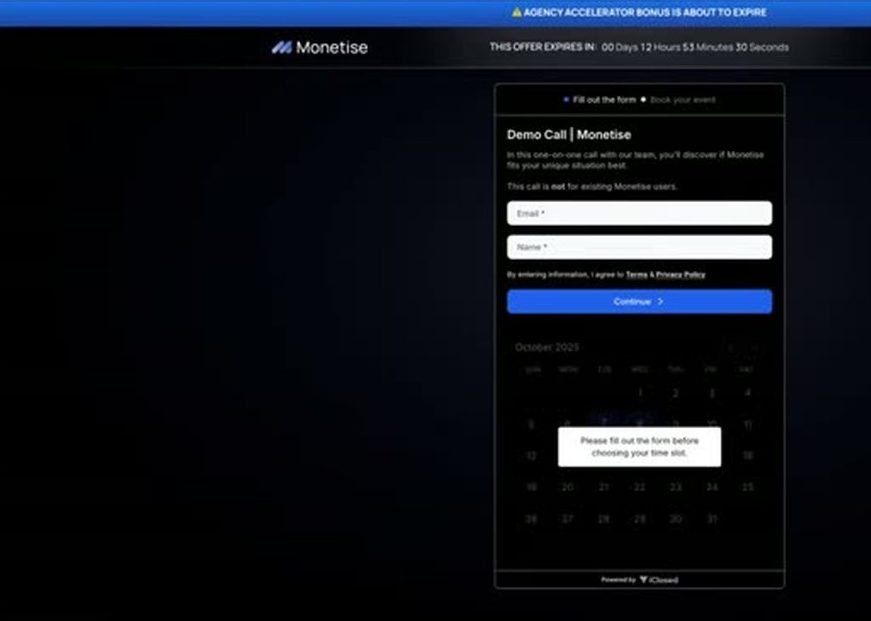 Monetise booking page with an offer countdown timer and an expiring bonus banner
