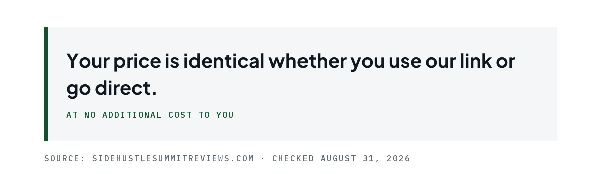 Pull quote confirming your price is identical whether you use our link or go direct.