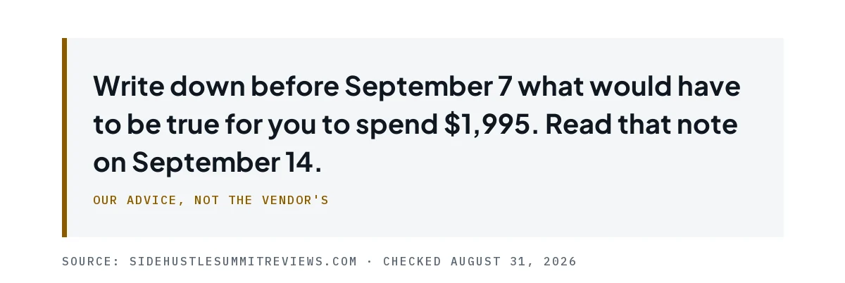 Pull quote advising you to write down before September 7 what would justify spending $1,995, then read it on September 14.