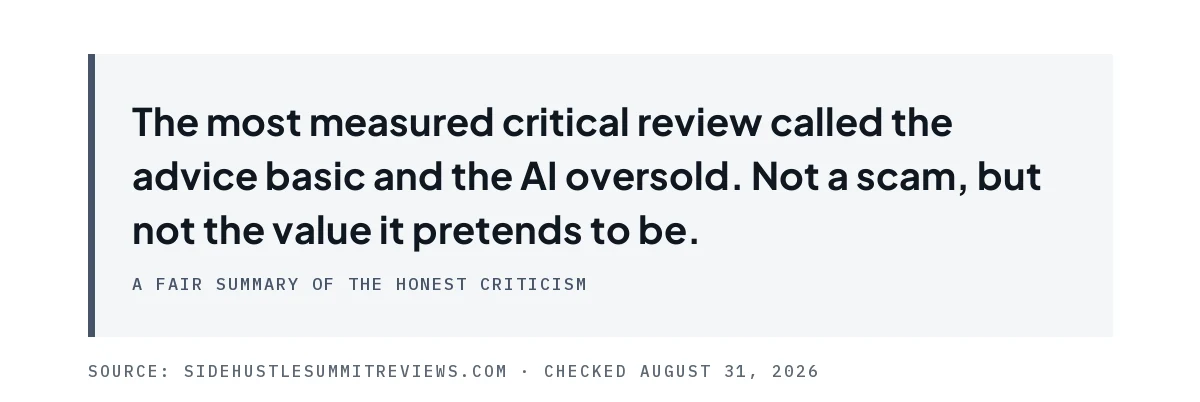 Pull quote summarising the most measured critical review: basic advice, oversold AI.