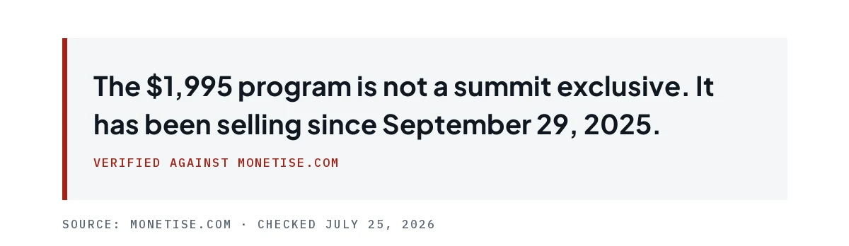 Pull quote stating the $1,995 program is not a summit exclusive and has sold since September 29, 2025.