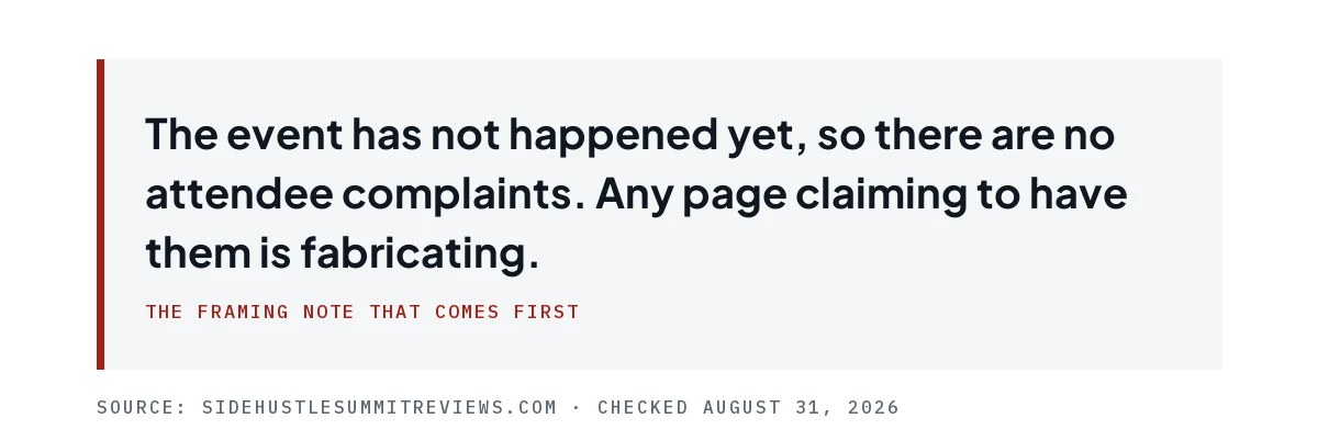 Pull quote noting the event has not happened, so any page claiming attendee complaints is fabricating.