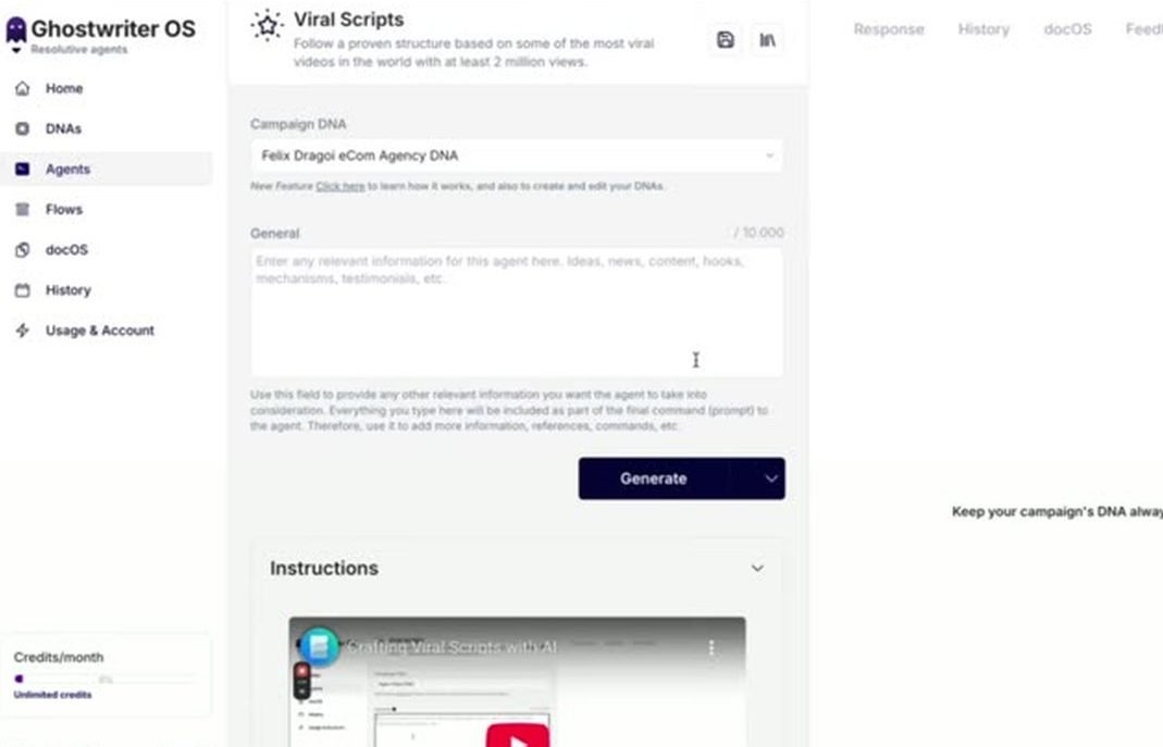 Ghostwriter OS interface showing the Viral Scripts agent with a campaign DNA selector