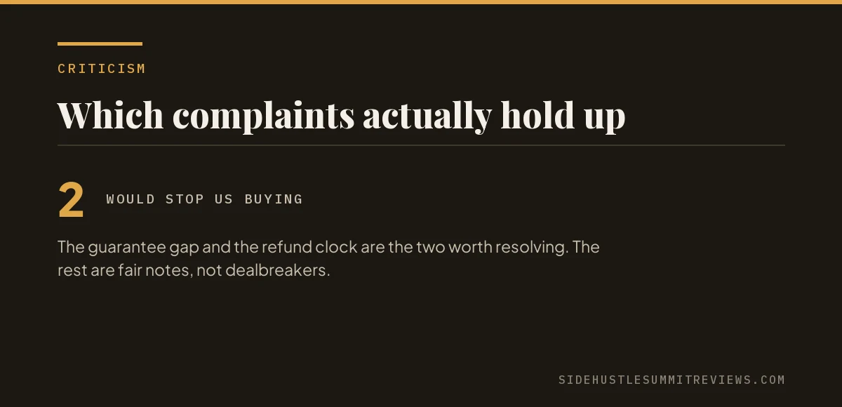 Editorial card: four Side Hustle Summit criticisms that hold up on inspection