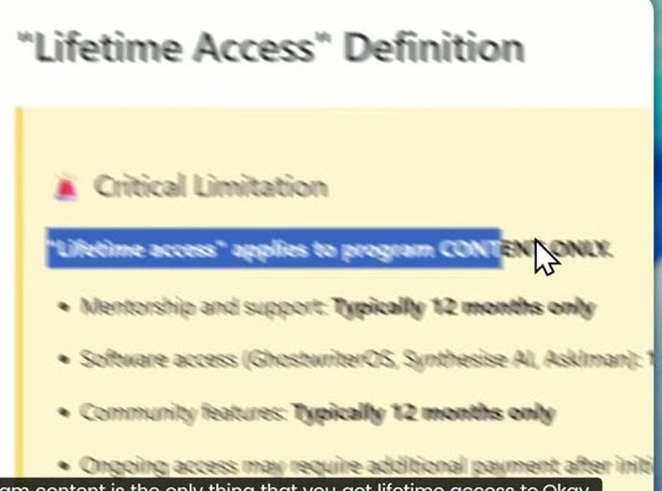 Published terms stating lifetime access applies to program content only