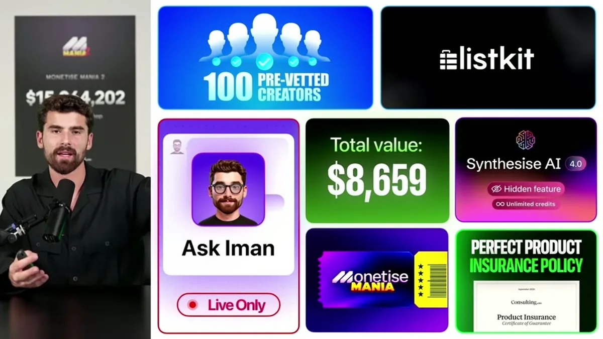 Monetise day 3 bonus stack graphic showing 100 pre-vetted creators, ListKit, Ask Iman marked Live Only, Synthesise AI, Monetise Mania and the Perfect Product Insurance Policy above a total value of $8,659.