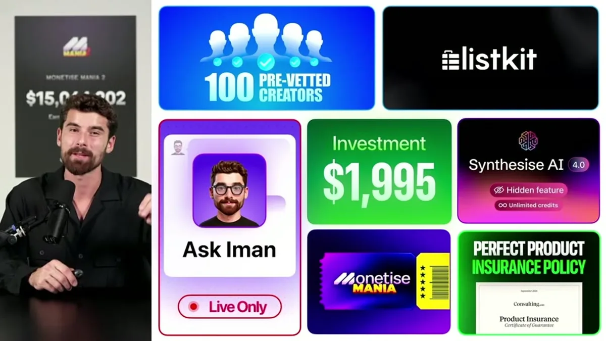 The same Monetise bonus stack with the centre tile switched from total value to Investment $1,995.