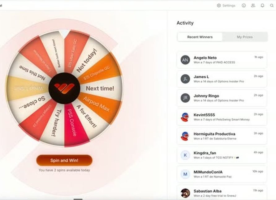 Daily spin-and-win prize wheel inside the product, with a winners feed