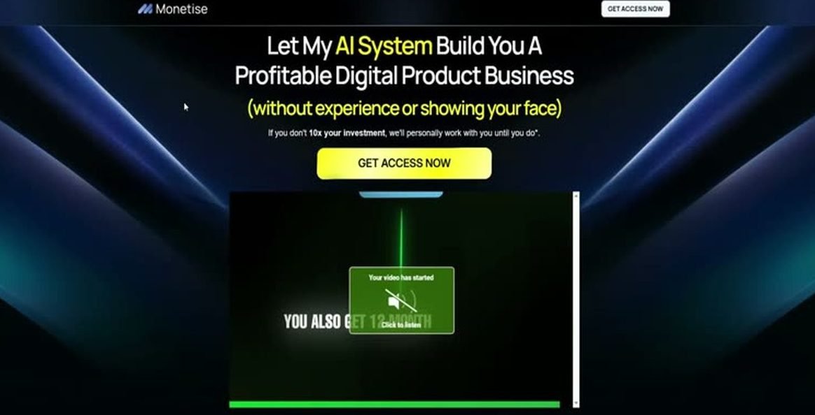 Monetise sales page headline promising an AI-built digital product business