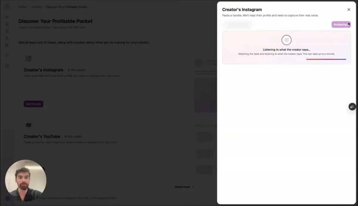 Synthesise AI screen headed Discover Your Profitable Pocket, with a Creator's Instagram panel analysing a handle and status text reading Listening to what the creator says.