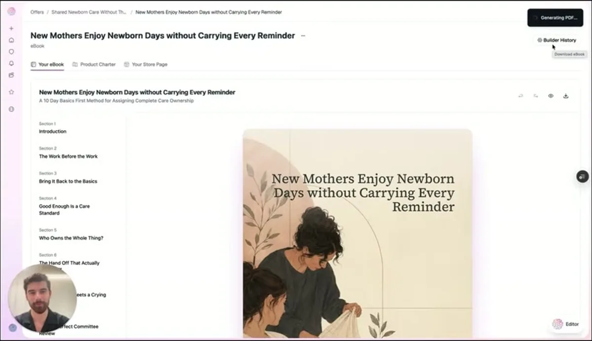 Finished ebook inside Synthesise AI titled New Mothers Enjoy Newborn Days without Carrying Every Reminder, showing a sectioned contents list and generated cover.