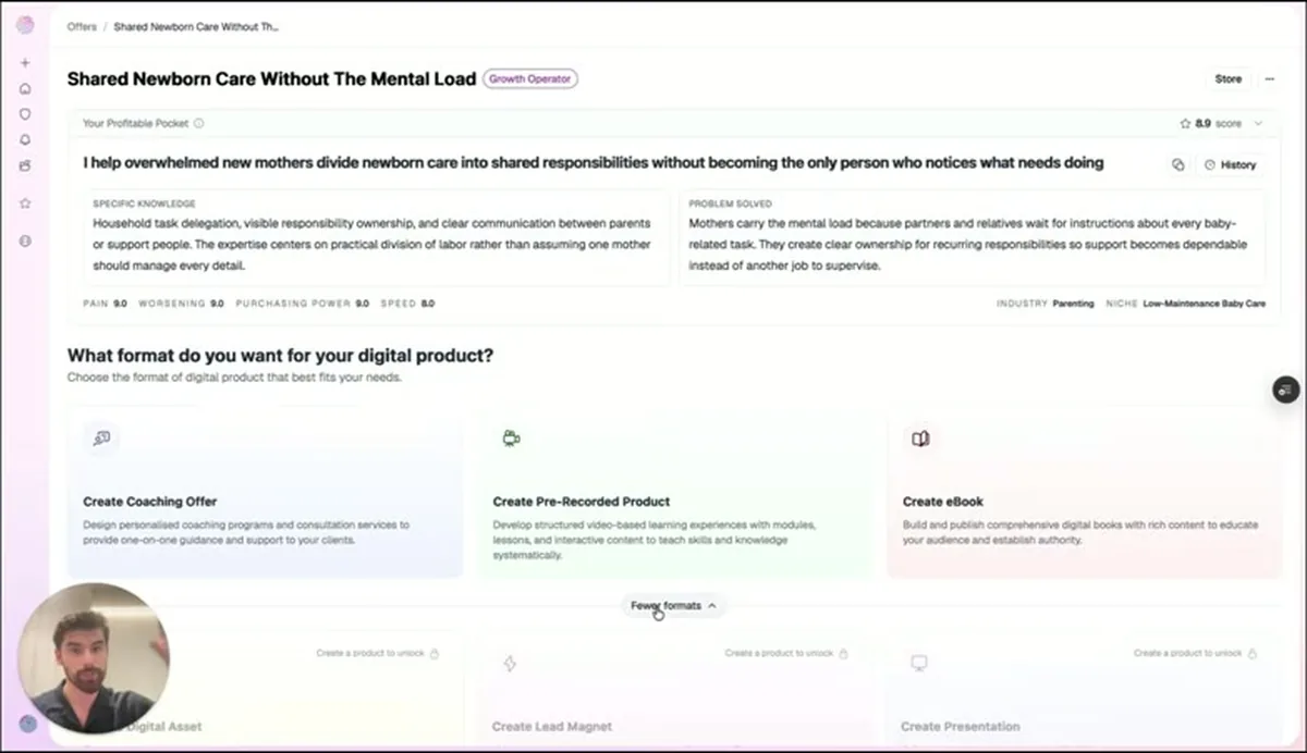 Synthesise AI format picker offering coaching offer, pre-recorded product and eBook, with digital asset, lead magnet and presentation locked behind create a product to unlock.