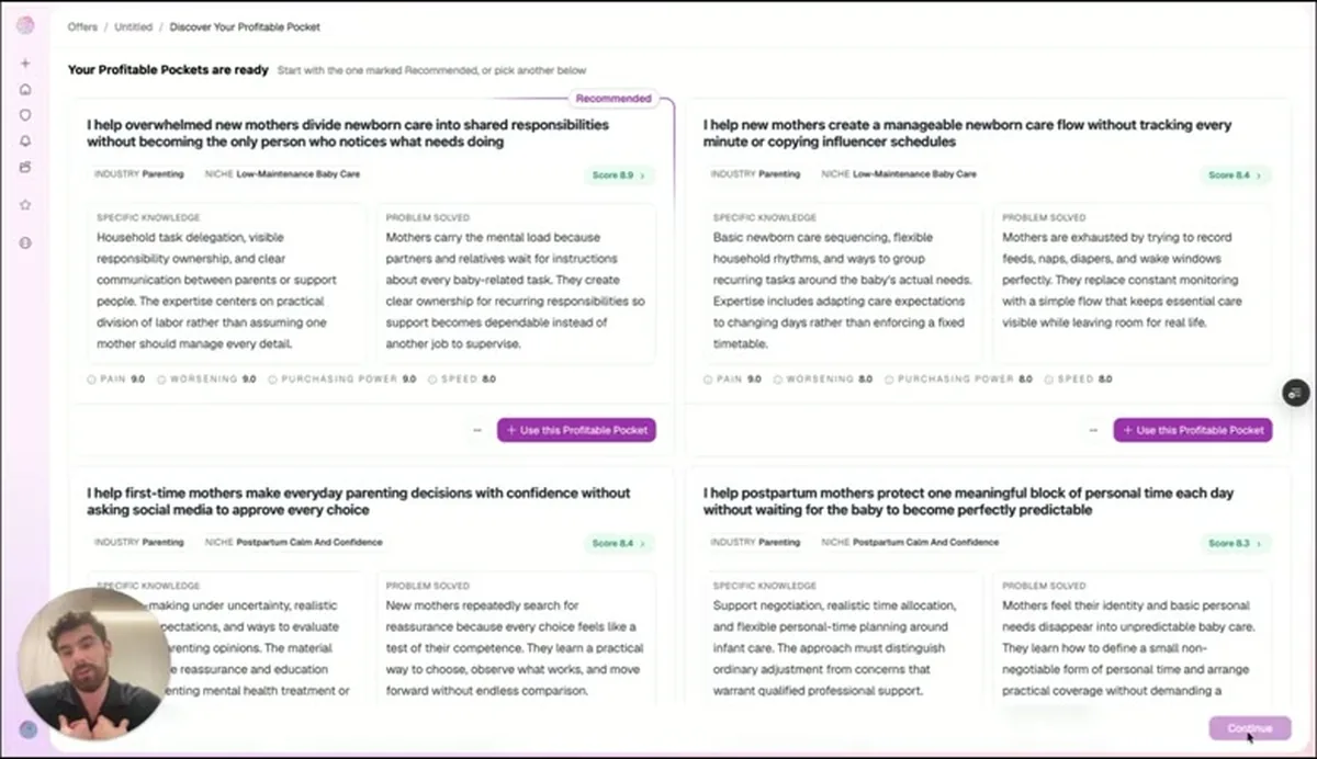 Synthesise AI results screen showing four scored profitable pocket concepts for a parenting creator with specific knowledge and problem solved columns.
