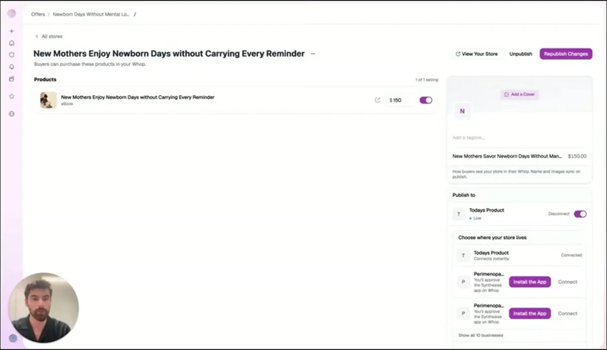 Synthesise store setup listing the generated ebook at $150 with a publish to Whop panel and a Republish Changes button.